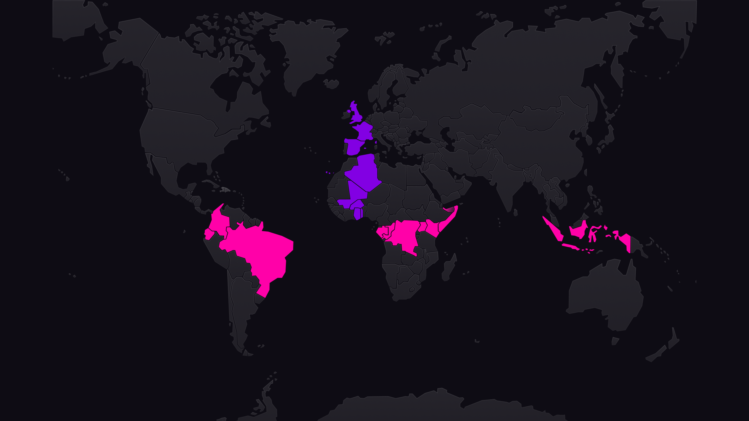 A map of the world, showing countries that straddle the zero degree points of latitude and longitude.