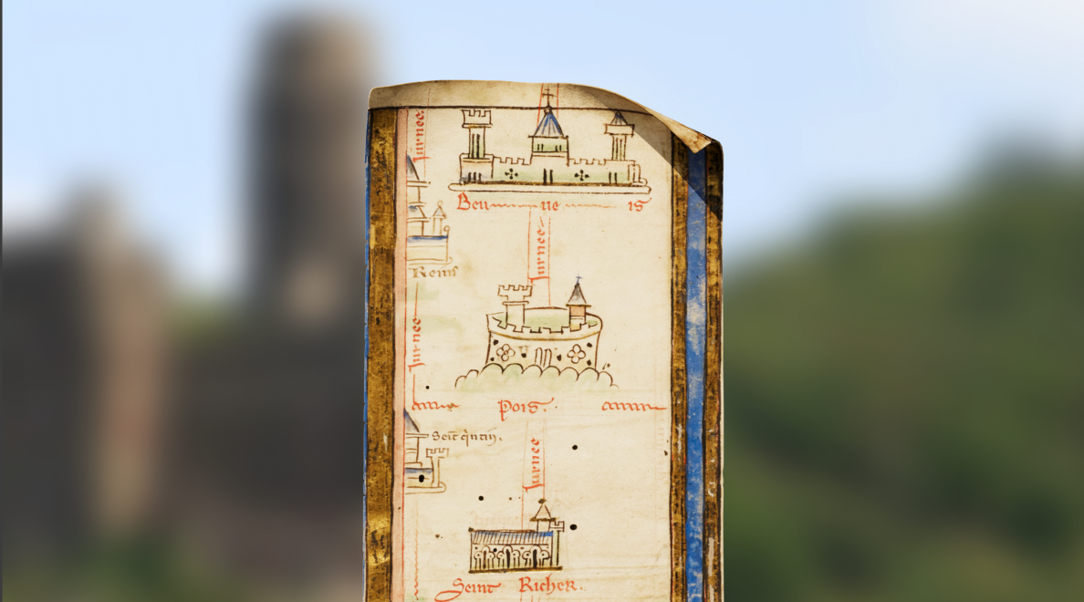 A medieval itinerary-style map, showing how to get from one destination to another. The map is very simple, often showing just a single line between one city to the next.